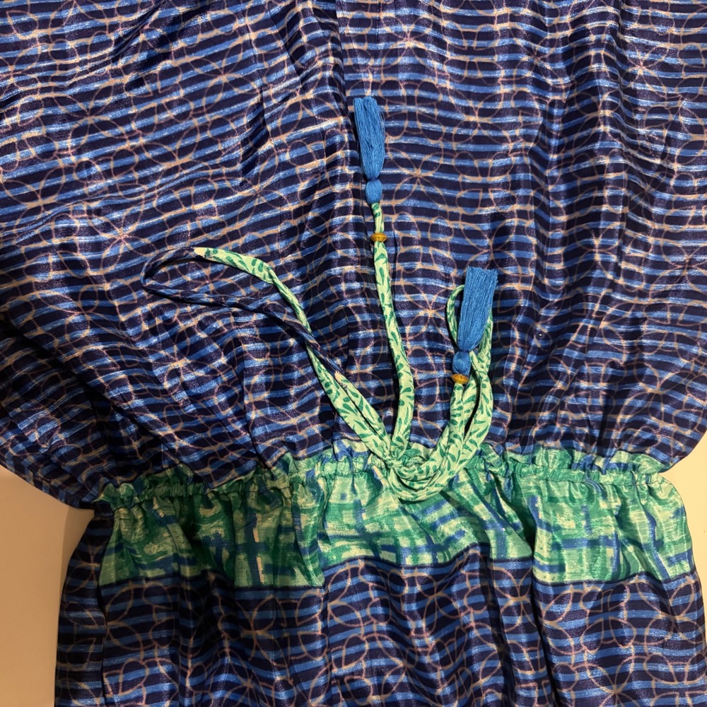 ETC Strapless Paisley Jumpsuit One Size Blue Aqua Wide Leg Tassel Waist - Picture 11 of 11